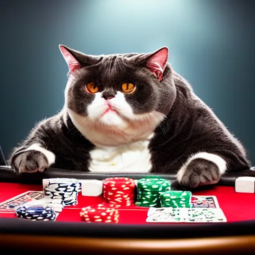 Image similar to fat mobster cat gambling at a poker table single light overhead smokey photo