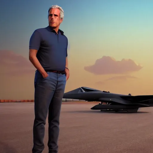 Image similar to aesthetic illustration of jeffrey epstein, wearing a dark blue polo shirt, standing near predator unmanned combat aircraft on an empty runway at dusk, cinematic lighting, high detail, volumetric lights, pinterest wallpaper, trending on artstation