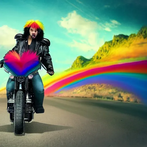 Image similar to wide angle full body, jacket wearing fluffy cute rainbow kitten wearing a black leather motorcycle jacket, riding on a motorcycle, cinematic concept art