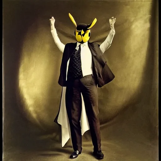 Prompt: elegant man dressed up as pikachu, art photo by Annie Liebovitz and Alphonse Mucha, glossy, sharp, clean, old fashion