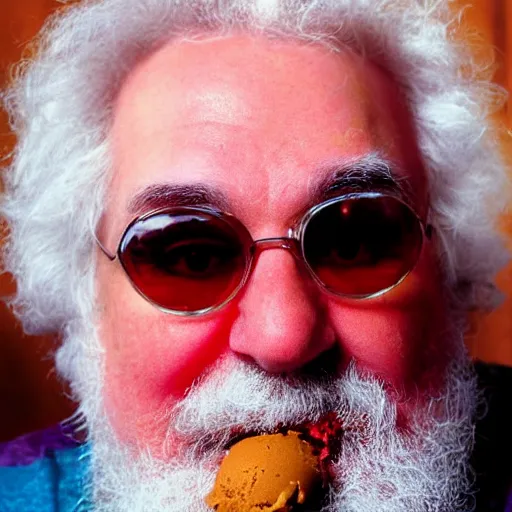 Image similar to closeup detailed portrait of jerry garcia eating cherry garcia ice cream
