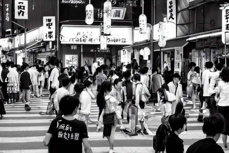 Image similar to still photo of a japanese street festival, black and white color aesthetic, highly detailed, photorealistic portrait, bright studio setting, studio lighting, crisp quality and light reflections, unreal engine 5 quality render