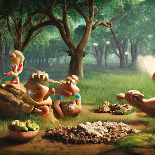 Image similar to a group of woobidoo\'s are playing with their dagnuggets by the jigidigi tree, detailed oil painting, a feeling of awe and inspiration, unreal engine 5