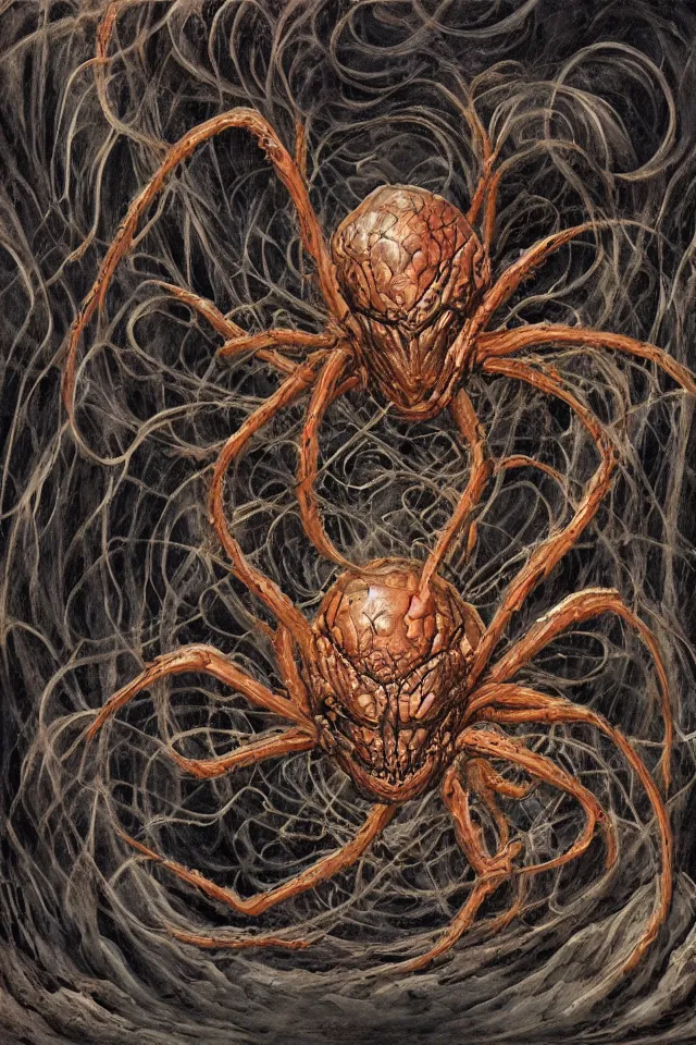 Prompt: alien spider floating in a dark cave with intricate writing on the walls contrasting colors, Dan Seagrave