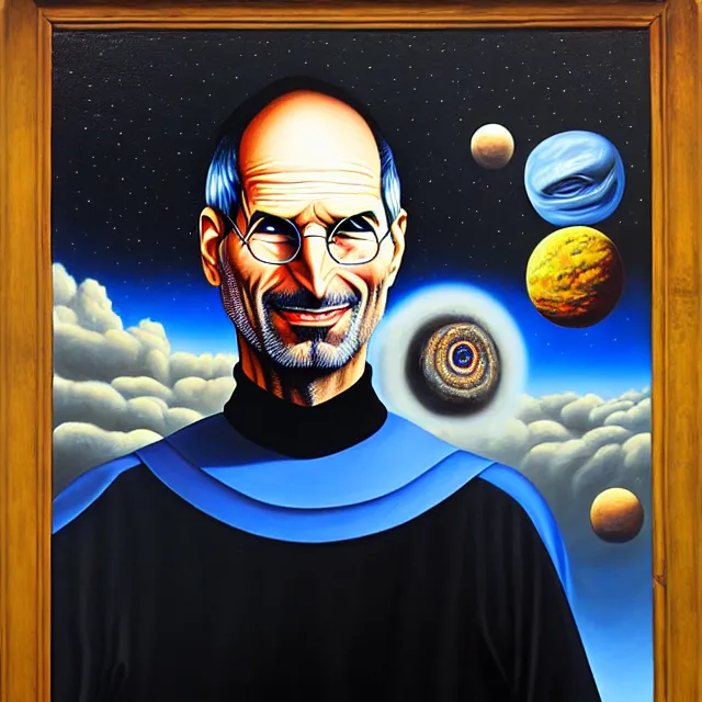 Prompt: an oil on canvas portrait painting of steve jobs, surrealism, surrealist, cosmic horror, rob gonsalves, high detail