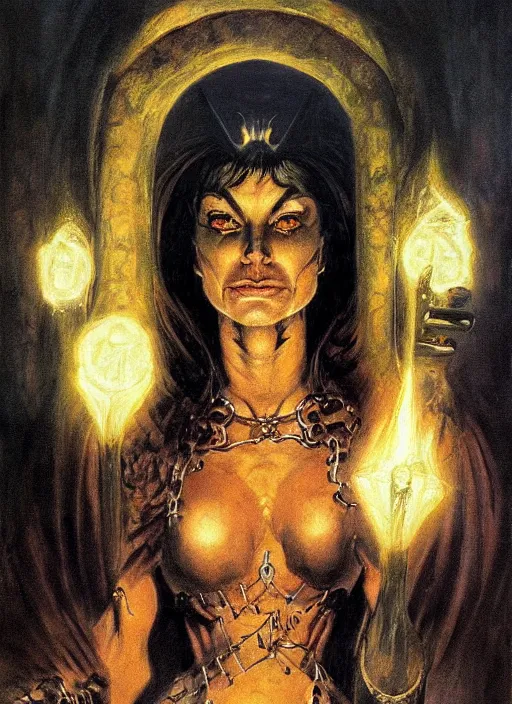 Image similar to a highly detailed symmetrical painting of a female sorcerer with piercing eyes in a dungeon, dynamic lighting, ambient lighting, deviantart, art by frank frazetta and glenn fabry