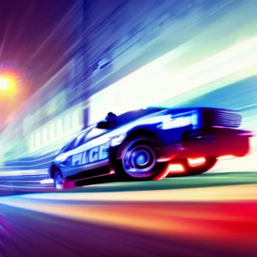 Image similar to police car driving, fast, police lights, 9 0 s action shot, car chase, ultra - realistic, color photography, zoom lens, speed blur