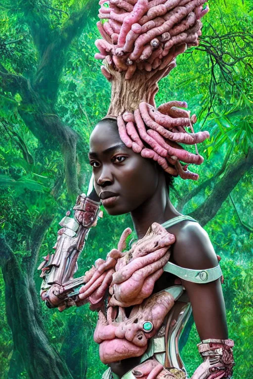 Prompt: hyperrealistic post - baroque masterpiece super expressive! yoruba goddess with pink exoskeleton armor, merging with tree in a forest, highly detailed digital art cinematic, smooth cam de leon eric zener dramatic pearlescent soft teal light, ground angle hd 8 k, sharp focus