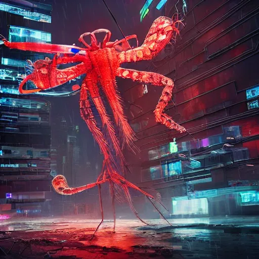 Image similar to a giant terrifying cyber shrimp destroying a dystopian city, cyberpunk, dystopian, god, evil, villain, sharp focus, dynamic lights, still, photograph, hyper realistic, masterpiece, octane render, rendered, 3 d, cinematic, cinematic lighting, dramatic lighting, highly detailed, intricate details, texture, cinematic composition, by donglu yu and kevin jick and eddie del rio