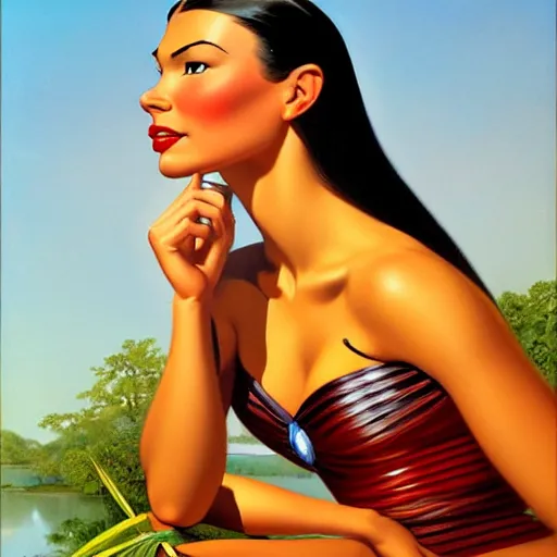 Image similar to portrait of a beautiful pocahontas, expressive pose, symmetrical face, shiny lips, highly detailed, digital painting, smooth, sharp focus, by gil elvgren