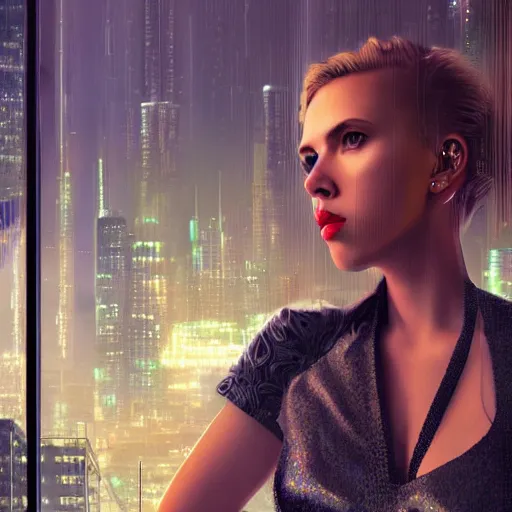 Prompt: ultra realistic and intricate detailed photoshoot of Scarlett Johansson as a cyberpunk woman looking out at city, neon, cyberpunk, technology, innovation, bright modern style, blade runner, artstation, unreal render, depth of field, ambient lighting, award winning, stunning