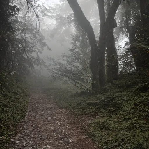 Image similar to photo of scp - 0 9 6, photo shot by tourists, hiking trail, scp - 0 9 6 is a hundred yards away, reduced visibility, overcast, high resolution, shot on nikon d 3 2 0 0