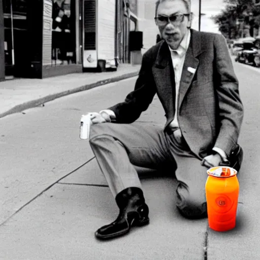 Image similar to hugh hopper holding an orange and a diet pepsi sitting on a street corner