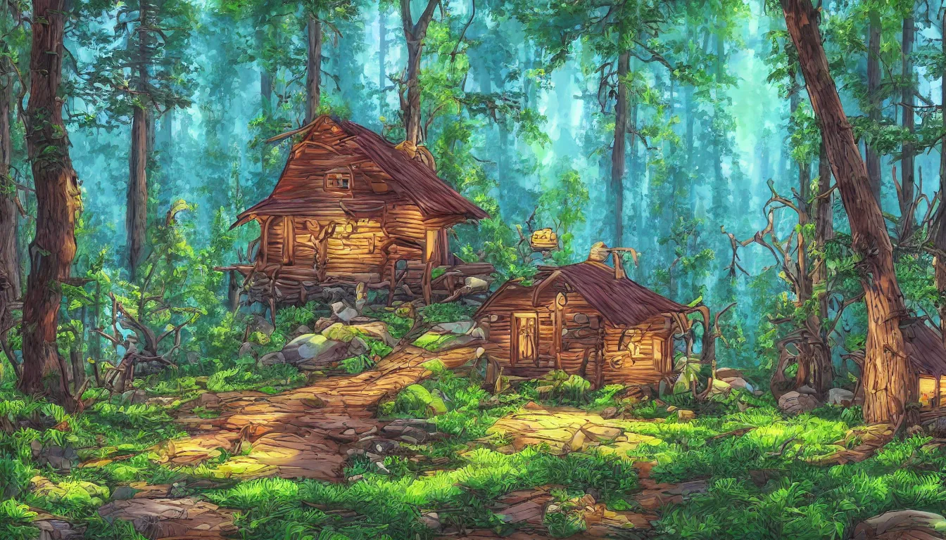 Image similar to a clearing in a forest with a cabin, Disney cartoon, animation, high detail, colorful