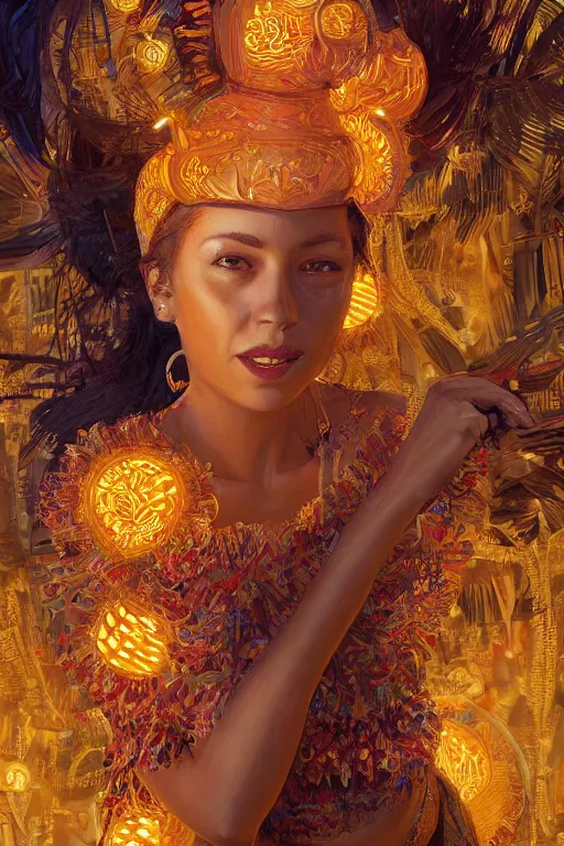 Image similar to portrait of cuban woman with skirt made out of bananas, dancing, intricate, elegant, glowing lights, highly detailed, digital painting, artstation, sharp focus, illustration, art by wlop, mars ravelo and greg rutkowski