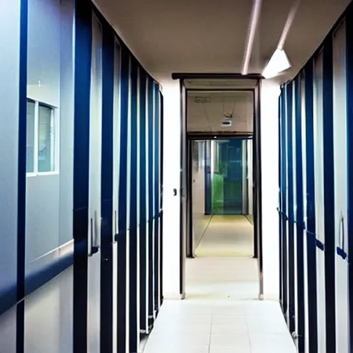 Image similar to an infinite hallway inside a rural european office building, with infinite doorways and infinite doors, every doorway leading to an alternate reality