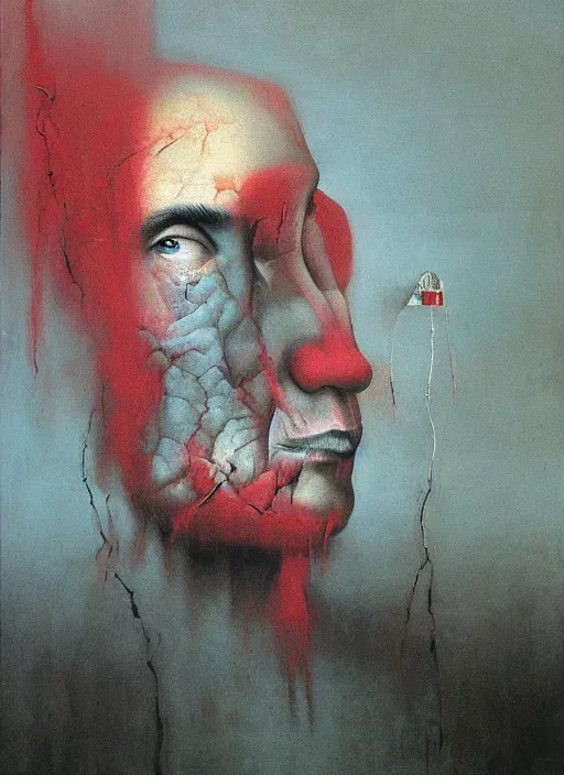 Image similar to Painting in a style of Beksinski featuring Vladimir Putin. Suffering and pain