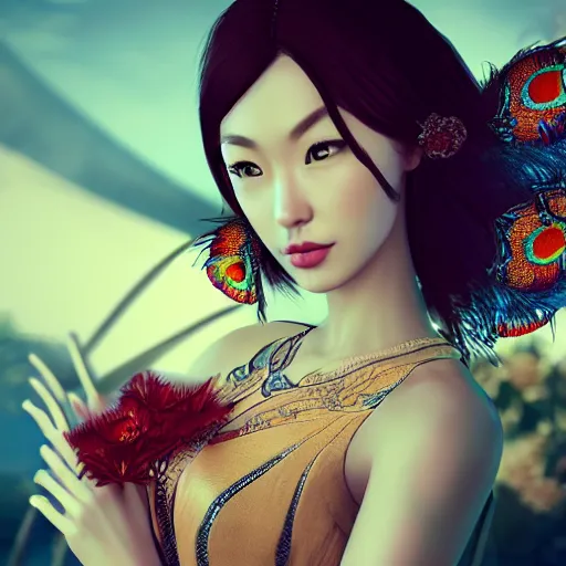 Prompt: character design, chinese women, beautiful face, dress peacock, bokeh, unreal engine render, intricate detail