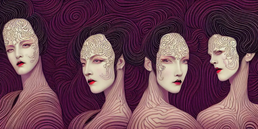 Image similar to breathtaking detailed concept art painting art deco pattern of goth twin faces goddesses amalgamation symmetric, by hsiao - ron cheng, bizarre compositions, exquisite detail, extremely moody lighting, 8 k