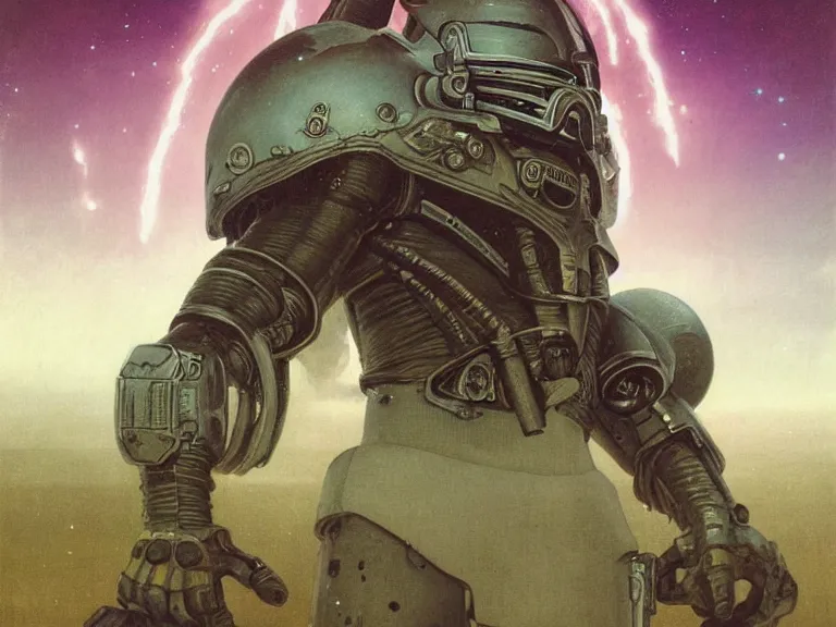 Image similar to a detailed profile painting of a bounty hunter in armour and visor, cinematic sci-fi poster. Spaceship high in the background. Flight suit, anatomy portrait symmetrical and science fiction theme with lightning, aurora lighting clouds and stars. Planet backdrop. Clean and minimal design by beksinski carl spitzweg giger and tuomas korpi. baroque elements. baroque element. intricate artwork by caravaggio. Oil painting. Trending on artstation. 8k