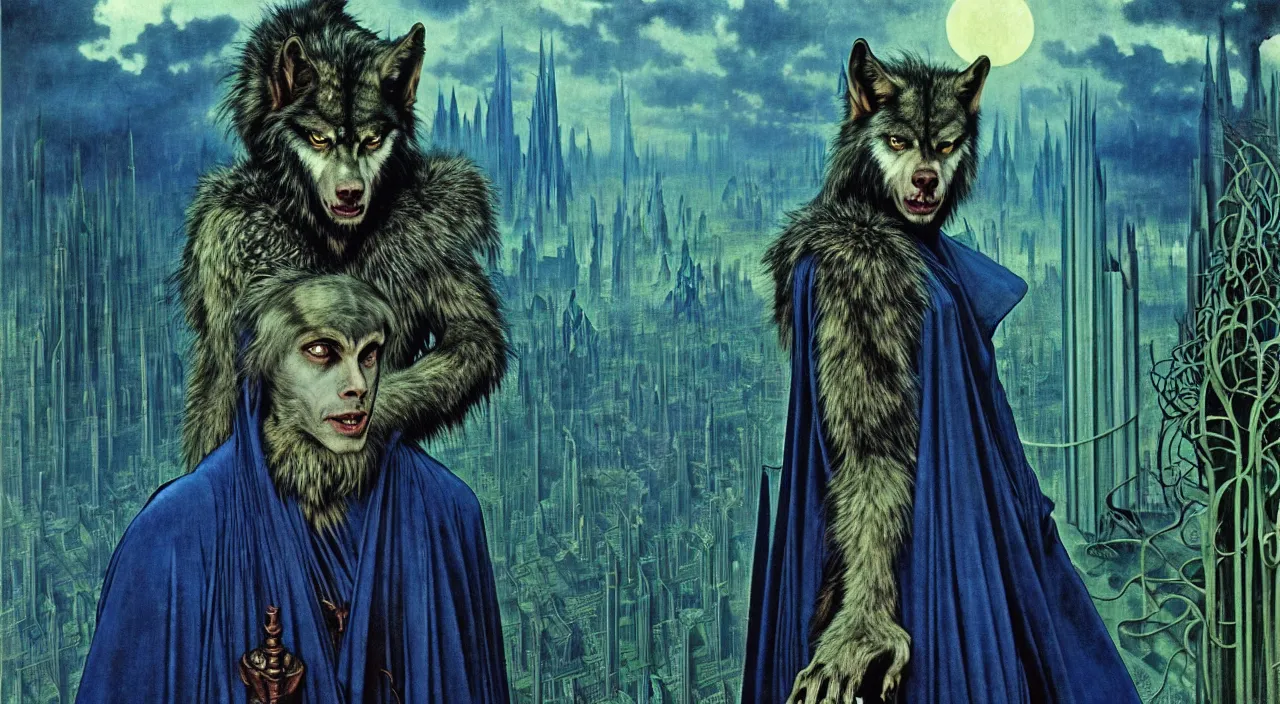 Image similar to realistic detailed portrait movie shot of a wolfman wearing dark robes, sci fi city landscape background by denis villeneuve, amano, yves tanguy, alphonse mucha, ernst haeckel, max ernst, roger dean, masterpiece, rich moody colours, blue eyes, occult