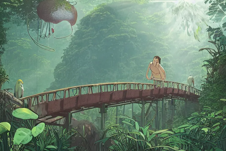 Prompt: a young indiana jones on a suspended wooden bridge entering a vast jungle with a distant clearing, giant mushrooms, half hidden bali moussu statue, white parrots flying, large rocks with thick moss, banana trees, beautiful large flowers, god rays light. very graphic illustration by moebius and victo ngai, ghibli spirited away vibe, dynamic lighting, night mood