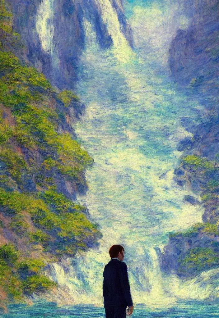 Prompt: tiny businessman in front of a japanese city in the mountain surrounded by waterfall. cyberpunk, boats flying. beautiful blue sky. gorgeous epic nature, lofi, vivid colors, amazing light, by jeremy lipkin, by claude monet, heavily inspired by makoto shinkai, inspired by ghibli, masterpiece, multiple brush strokes, impressionist style