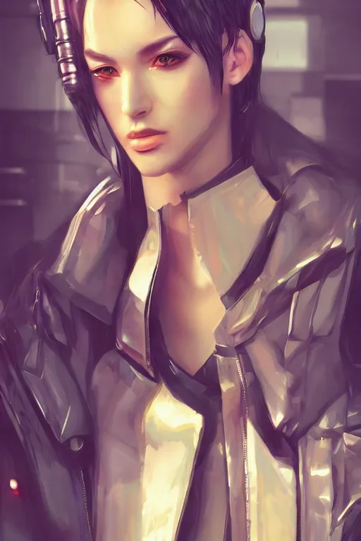 Image similar to Cyberpunk character art, wearing trenchcoat, by WLOP and artgerm, illustration, portrait, transhuman, tone mapped