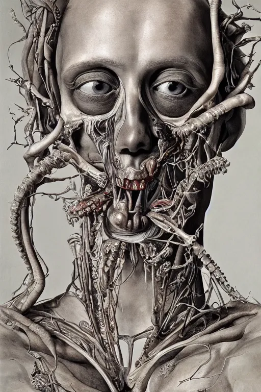 Image similar to Detailed maximalist portrait of a greek god with large lips and eyes, scared expression, botanical anatomy, skeletal with extra fleshy limbs, HD mixed media, 3D collage, highly detailed and intricate, surreal illustration in the style of Jenny Saville, dark art, baroque, centred in image