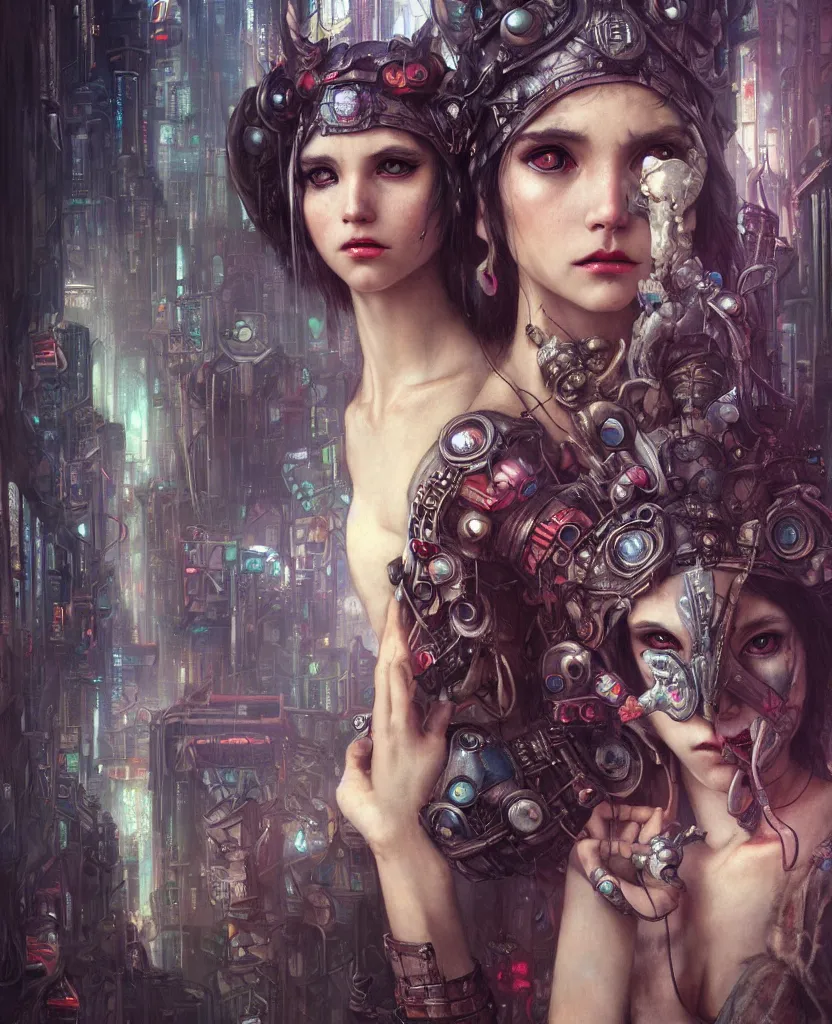 Image similar to hyper realistic Princess Mononoke, spooky mask, busy cyberpunk metropolis, city landscape, jewels, style of tom bagshaw, mucha, james gurney, norman rockwell, denoised, sharp