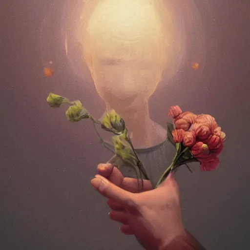 Image similar to portrait of god, holding a bouquet of flowers ， exude an eternity ， hyperrealistic, by beeple, greg rutkowski, caspar david friedrich, smooth, illustration, elegant, artstation, digital painting.