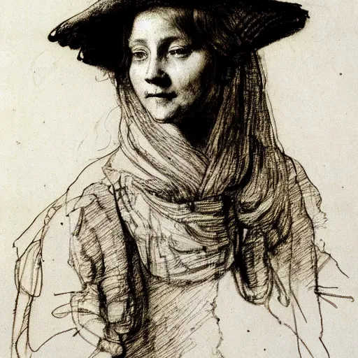 Prompt: materials ink and pen study portrait of a peasant girl by anders zorn, hans holbein the younger, jan van eyck