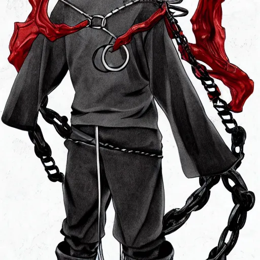 Prompt: A FULL BODY PORTRAIT FROM BEHIND OF MADARA UCHIHA ,THE MAN KEEPS A KUSARIGAMA AND IT IS WRAPPED IN CHAINS ,detailed, concept art, ink style , sketch