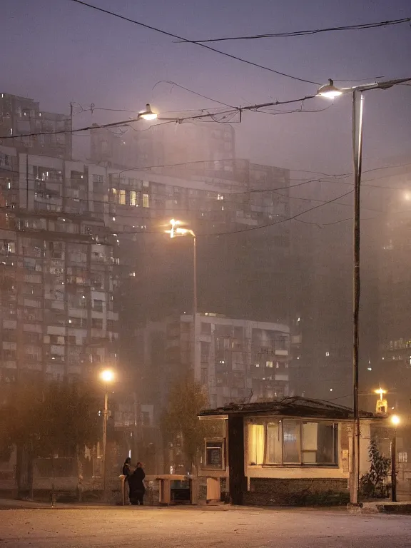 Prompt: film still of post - soviet suburbs, lights are on in the windows, deep night, post - soviet courtyard, cozy atmosphere, light fog, street lamps with orange light, several birches nearby, several elderly people stand at the entrance to the building
