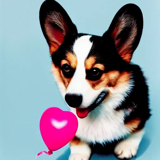 Image similar to a corgi with a heart shaped balloon, high quality, sharp focus, photo by annie leibovitz