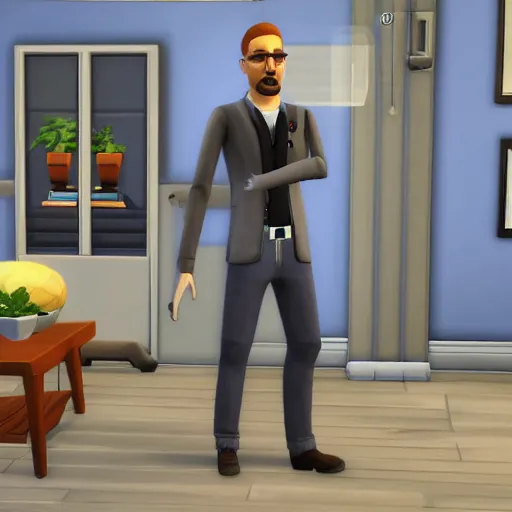 Image similar to anthropomorphic grey fox dressed in casual clothing, character in The Sims 4, indoors, in game screenshot