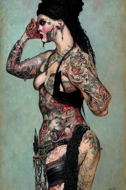 Image similar to full length portrait of brooke candy as a tattooed gothic punk by lawrence alma tadema and zdzislaw beksinski and norman rockwell and jack kirby and tom lovell and greg staples