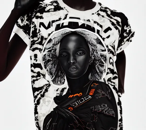 Image similar to black marble statue of a beautiful woman with colorful motocross logos in the style of virgil abloh, very very beautiful, detailed, off white, heron preston, 8 k, 4 k, detailed, beautiful, symmetrical, vogue, editorial, fashion, magazine, model