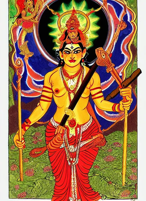 Prompt: kali - durga in the style of ivan bilibin with a hammer and sickle and in the forehead the star burns