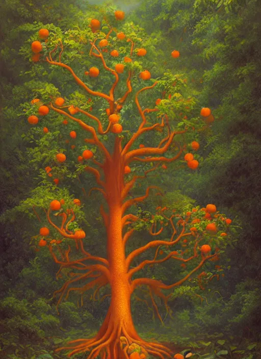 Image similar to ayahuma tree with orange fruits looking like an ent, art by christophe vacher