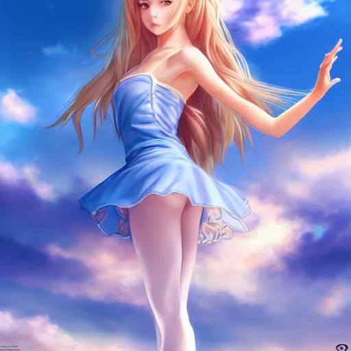 Image similar to a very beautiful young mature anime ballet girl, full body, long wavy blond hair, sky blue eyes, full round face, short smile, bikini, miniskirt, highly detailed, cinematic wallpaper by stanley artgerm lau