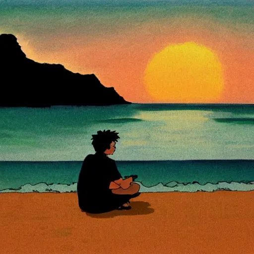 Image similar to a man sitting by the beach watching the sunset, by Studio Ghibli