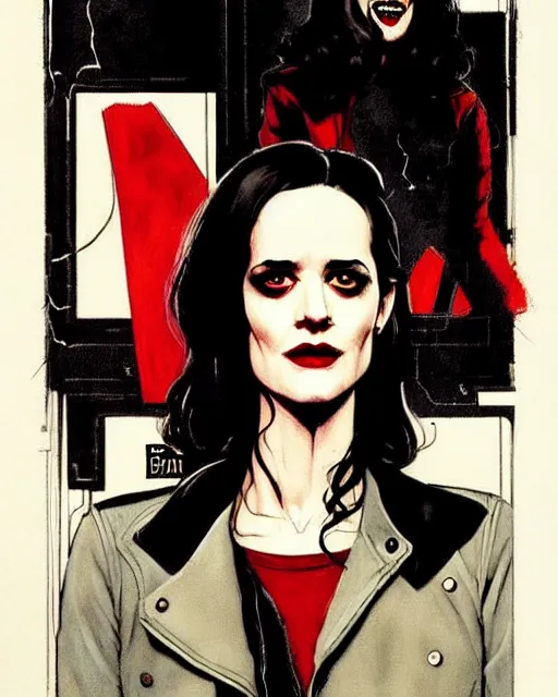 Image similar to Rafael Albuquerque comic art, Norman Rockwell, Joshua Middleton, pretty Eva Green vampire, sharp vampire teeth, sarcastic smile, symmetrical eyes, symmetrical face, brown leather jacket, jeans, long black hair, full body, building on fire, cool colors