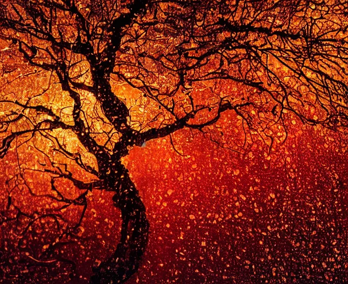 Prompt: 4 k hd, high detail photograph of blossoming tree in the middle of rain of fire, shot with sigma f / 4. 2, 2 5 0 mm sharp lens, wide shot, consistent, volumetric lighting, high level texture render