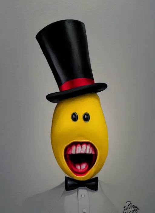 Image similar to hyper realistic painting of an anthropomorphic banana with bloodshot eyes; wearing a white shirt and white top hat; painted by Greg Rukowtski