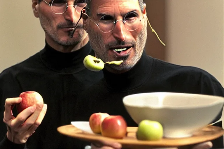 Prompt: steve jobs eating apple while there is a cat behind him