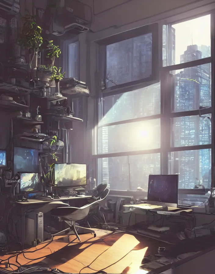 Prompt: detailed scifi artstation scene of a complex computer workstation in a small studio apartment room, single potted plant, many monitors, many electronics, a window view of the city, maximalism, volumetric light, sunny amber morning light, sun beam, cinematic composition, unreal engine, hyperrealism, realistic shading, blender render, photorealistic, wide shot