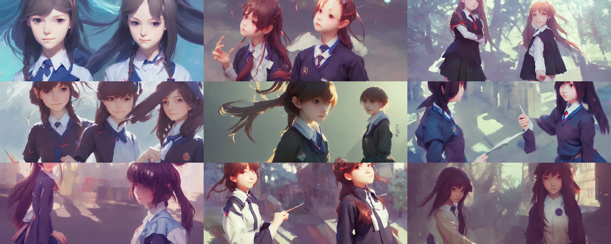 Prompt: girl with wearing magic school uniform, school courtyard, cinematic close - up, illustration, digital painting, concept art, trending on artstation, pixiv, art by ruan jia and makoto shinkai