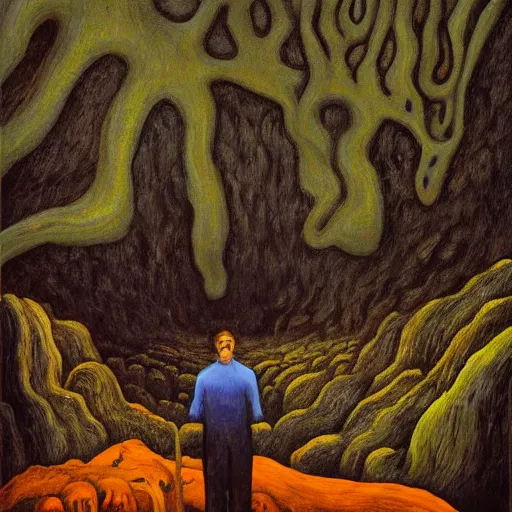 Prompt: a painting of a man standing in front of a cave, a surrealist painting by nikolai astrup, deviantart, psychedelic art, lovecraftian, cosmic horror, poster art