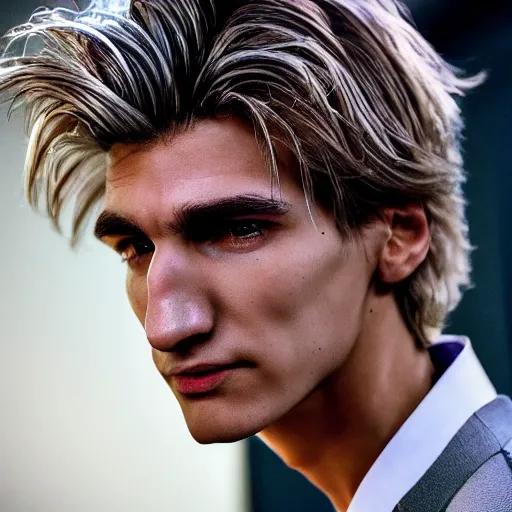 Image similar to a closeup shot of handsome xqc, gigachad, strong jawline, photorealism, 8k